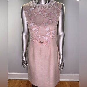 VTG 50s Pink/Beige Embroidered + Beaded Linen Sheath Dress Sz XL